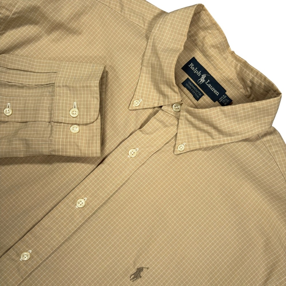 Vintage Ralph Lauren Yarmouth Shirt Mens 18 Tan Beige Check Lightweight Cotton